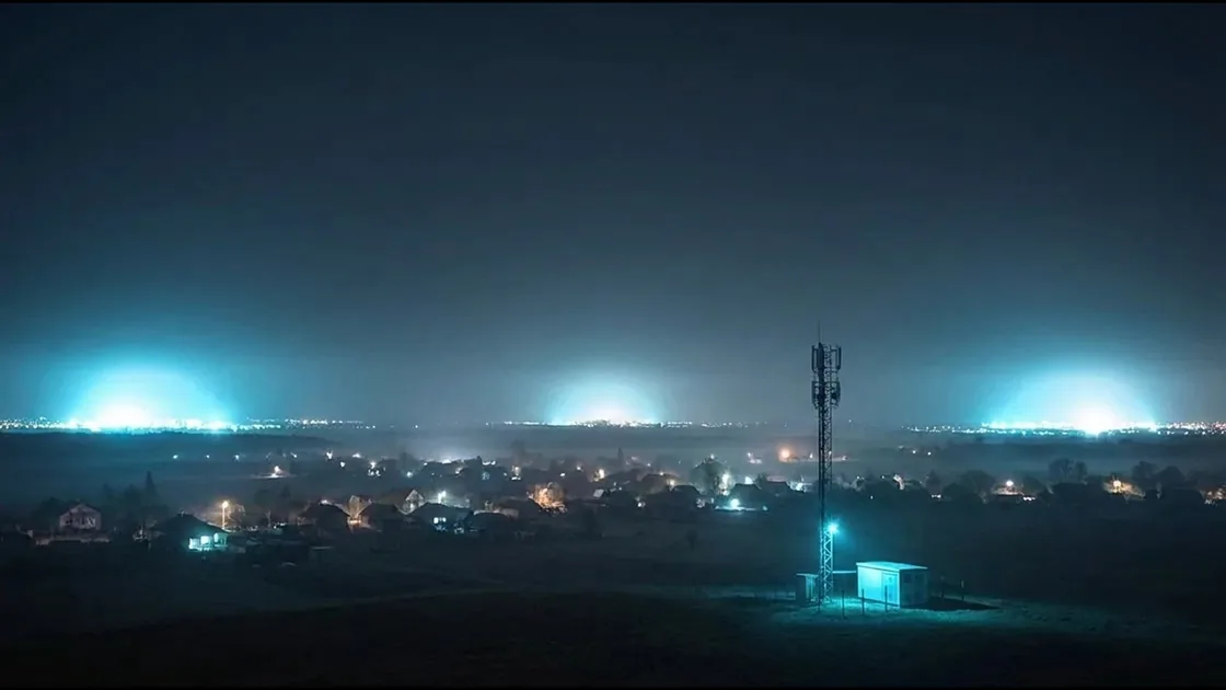 Small town with a local wireless tower at night, three bright city glows on the horizon