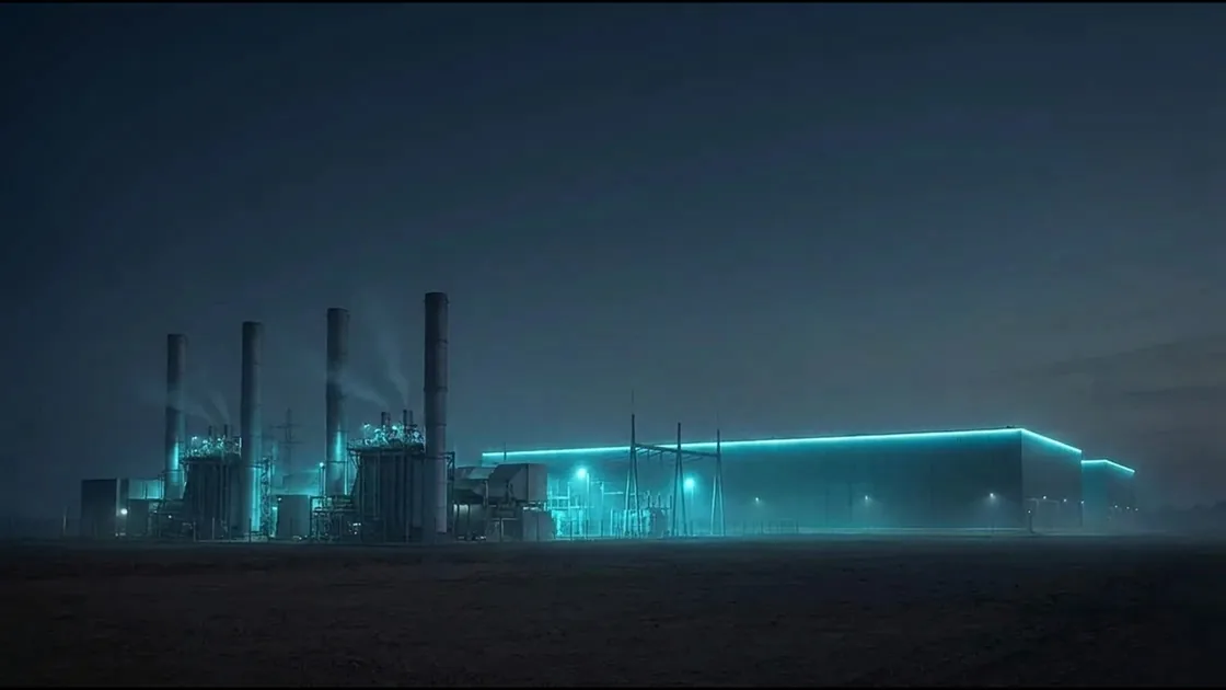 Gas turbine power plant beside a data center campus in the desert at night, glowing blue