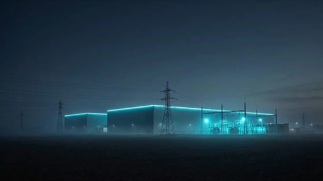 Data center campus, transmission towers, and substation glowing blue in evening haze