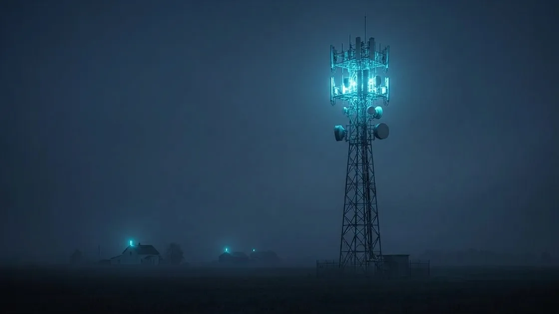 Fixed wireless radios on a rural tower glowing blue in evening haze